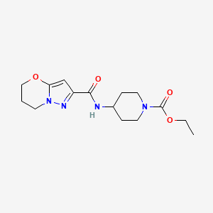 molecular formula C15H22N4O4 B2628753 4-(6,7-二氢-5H-吡唑并[5,1-b][1,3]恶嗪-2-甲酰胺基)哌啶-1-甲酸乙酯 CAS No. 1448027-22-2