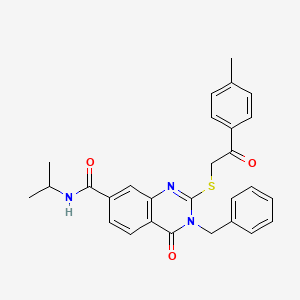 molecular formula C28H27N3O3S B2628759 3-benzyl-N-isopropyl-2-{[2-(4-methylphenyl)-2-oxoethyl]thio}-4-oxo-3,4-dihydroquinazoline-7-carboxamide CAS No. 1113128-28-1