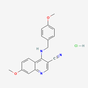 molecular formula C19H18ClN3O2 B2628786 7-Methoxy-4-((4-methoxybenzyl)amino)quinoline-3-carbonitrile hydrochloride CAS No. 1323342-18-2