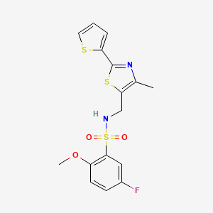molecular formula C16H15FN2O3S3 B2628936 5-氟-2-甲氧基-N-((4-甲基-2-(噻吩-2-基)噻唑-5-基)甲基)苯磺酰胺 CAS No. 1421526-87-5