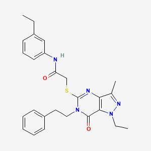 molecular formula C26H29N5O2S B2628942 2-[(1-乙基-3-甲基-7-氧代-6-苯乙基-6,7-二氢-1H-吡唑并[4,3-d]嘧啶-5-基)硫代]-N~1~-(3-乙基苯基)乙酰胺 CAS No. 1357782-27-4
