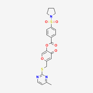 molecular formula C22H21N3O6S2 B2629051 6-(((4-甲基嘧啶-2-基)硫代)甲基)-4-氧代-4H-吡喃-3-基 4-(吡咯烷-1-基磺酰基)苯甲酸酯 CAS No. 877637-69-9