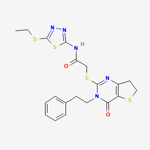 molecular formula C20H21N5O2S4 B2629088 N-(5-(ethylthio)-1,3,4-thiadiazol-2-yl)-2-((4-oxo-3-phenethyl-3,4,6,7-tetrahydrothieno[3,2-d]pyrimidin-2-yl)thio)acetamide CAS No. 877652-69-2