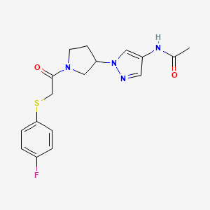 molecular formula C17H19FN4O2S B2629094 N-[1-[1-[2-(4-Fluorophenyl)sulfanylacetyl]pyrrolidin-3-yl]pyrazol-4-yl]acetamide CAS No. 2415518-32-8