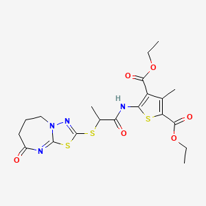 molecular formula C20H24N4O6S3 B2629138 3-甲基-5-(2-((8-氧代-5,6,7,8-四氢-[1,3,4]噻二唑并[3,2-a][1,3]二氮杂环-2-基)硫代)丙酰胺基)噻吩-2,4-二甲酸二乙酯 CAS No. 497063-90-8