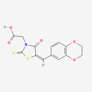 molecular formula C14H11NO5S2 B2629180 (E)-2-(5-((2,3-dihydrobenzo[b][1,4]dioxin-6-yl)methylene)-4-oxo-2-thioxothiazolidin-3-yl)acetic acid CAS No. 890603-29-9
