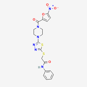 molecular formula C19H18N6O5S2 B2629191 2-((5-(4-(5-nitrofuran-2-carbonyl)piperazin-1-yl)-1,3,4-thiadiazol-2-yl)thio)-N-phenylacetamide CAS No. 1105225-48-6