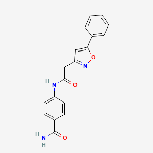 molecular formula C18H15N3O3 B2629235 4-(2-(5-Phenylisoxazol-3-yl)acetamido)benzamide CAS No. 946341-58-8