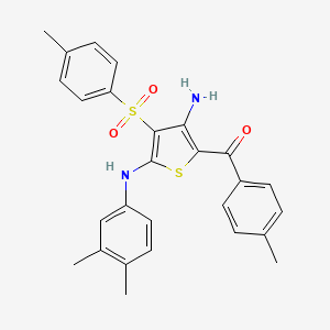 molecular formula C27H26N2O3S2 B2629290 (3-Amino-5-((3,4-dimethylphenyl)amino)-4-tosylthiophen-2-yl)(p-tolyl)methanone CAS No. 947169-33-7