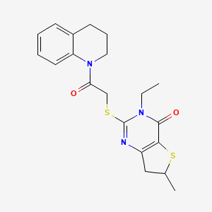 molecular formula C20H23N3O2S2 B2629299 2-[2-(3,4-dihydro-2H-quinolin-1-yl)-2-oxoethyl]sulfanyl-3-ethyl-6-methyl-6,7-dihydrothieno[3,2-d]pyrimidin-4-one CAS No. 851409-23-9