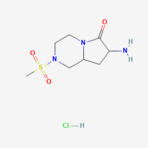 molecular formula C8H16ClN3O3S B2629308 7-Amino-2-methylsulfonyl-1,3,4,7,8,8a-hexahydropyrrolo[1,2-a]pyrazin-6-one;hydrochloride CAS No. 2241131-22-4