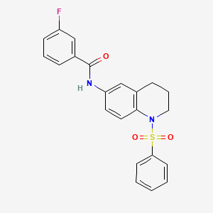 molecular formula C22H19FN2O3S B2629342 N-[1-(benzenesulfonyl)-1,2,3,4-tetrahydroquinolin-6-yl]-3-fluorobenzamide CAS No. 942006-24-8