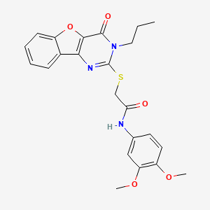 molecular formula C23H23N3O5S B2629357 N-(3,4-dimethoxyphenyl)-2-[(4-oxo-3-propyl-3,4-dihydro[1]benzofuro[3,2-d]pyrimidin-2-yl)sulfanyl]acetamide CAS No. 899755-79-4