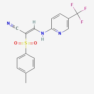 molecular formula C16H12F3N3O2S B2629400 2-((4-Methylphenyl)sulfonyl)-3-((5-(trifluoromethyl)(2-pyridyl))amino)prop-2-enenitrile CAS No. 1025311-37-8