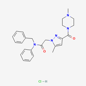 molecular formula C25H30ClN5O2 B2629483 N-benzyl-2-(5-methyl-3-(4-methylpiperazine-1-carbonyl)-1H-pyrazol-1-yl)-N-phenylacetamide hydrochloride CAS No. 1327617-10-6