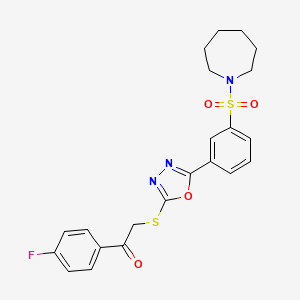 molecular formula C22H22FN3O4S2 B2629590 2-((5-(3-(Azepan-1-ylsulfonyl)phenyl)-1,3,4-oxadiazol-2-yl)thio)-1-(4-fluorophenyl)ethanone CAS No. 912906-45-7