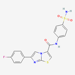 molecular formula C18H13FN4O3S2 B2629649 6-(4-fluorophenyl)-N-(4-sulfamoylphenyl)imidazo[2,1-b]thiazole-3-carboxamide CAS No. 1049365-38-9