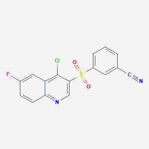 molecular formula C16H8ClFN2O2S B2629661 3-[(4-Chloro-6-fluoroquinolin-3-yl)sulfonyl]benzonitrile CAS No. 1556699-61-6