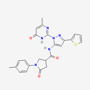 molecular formula C24H22N6O3S B2629785 N-(1-(4-甲基-6-氧代-1,6-二氢嘧啶-2-基)-3-(噻吩-2-基)-1H-吡唑-5-基)-5-氧代-1-(对甲苯基)吡咯烷-3-甲酰胺 CAS No. 1171706-91-4