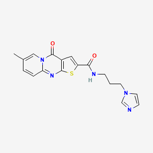 molecular formula C18H17N5O2S B2629806 N-[3-(1H-imidazol-1-yl)propyl]-12-methyl-2-oxo-6-thia-1,8-diazatricyclo[7.4.0.0^{3,7}]trideca-3(7),4,8,10,12-pentaene-5-carboxamide CAS No. 1021260-68-3