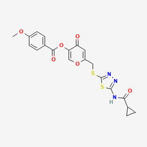 molecular formula C20H17N3O6S2 B2629812 6-(((5-(环丙烷甲酰胺)-1,3,4-噻二唑-2-基)硫代)甲基)-4-氧代-4H-吡喃-3-基 4-甲氧基苯甲酸酯 CAS No. 877650-88-9