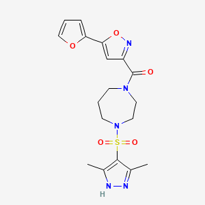 molecular formula C18H21N5O5S B2629826 （4-((3,5-二甲基-1H-吡唑-4-基)磺酰基)-1,4-二氮杂环-1-基)(5-(呋喃-2-基)异恶唑-3-基)甲酮 CAS No. 2034205-02-0