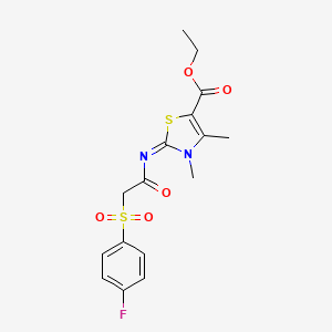 molecular formula C16H17FN2O5S2 B2629847 Ethyl 2-[2-(4-fluorophenyl)sulfonylacetyl]imino-3,4-dimethyl-1,3-thiazole-5-carboxylate CAS No. 895474-77-8