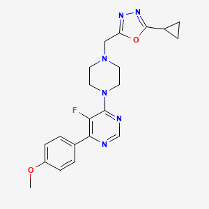 molecular formula C21H23FN6O2 B2629927 2-Cyclopropyl-5-[[4-[5-fluoro-6-(4-methoxyphenyl)pyrimidin-4-yl]piperazin-1-yl]methyl]-1,3,4-oxadiazole CAS No. 2379972-38-8