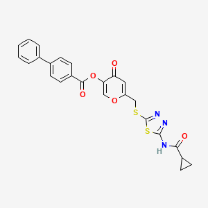 molecular formula C25H19N3O5S2 B2629943 6-(((5-(环丙烷甲酰胺)-1,3,4-噻二唑-2-基)硫代)甲基)-4-氧代-4H-吡喃-3-基[1,1'-联苯]-4-羧酸盐 CAS No. 877651-56-4