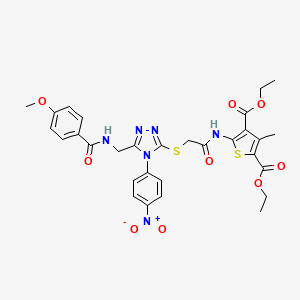 B2629978 diethyl 5-(2-((5-((4-methoxybenzamido)methyl)-4-(4-nitrophenyl)-4H-1,2,4-triazol-3-yl)thio)acetamido)-3-methylthiophene-2,4-dicarboxylate CAS No. 393847-87-5