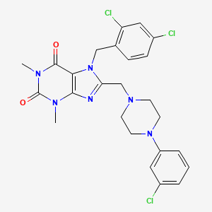 molecular formula C25H25Cl3N6O2 B2629983 8-((4-(3-chlorophenyl)piperazin-1-yl)methyl)-7-(2,4-dichlorobenzyl)-1,3-dimethyl-1H-purine-2,6(3H,7H)-dione CAS No. 851940-33-5