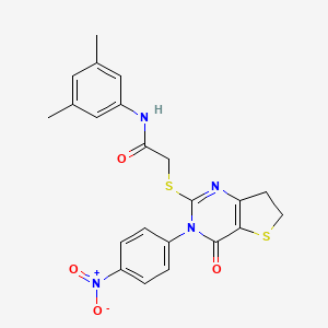molecular formula C22H20N4O4S2 B2629984 N-(3,5-dimethylphenyl)-2-((3-(4-nitrophenyl)-4-oxo-3,4,6,7-tetrahydrothieno[3,2-d]pyrimidin-2-yl)thio)acetamide CAS No. 687568-39-4