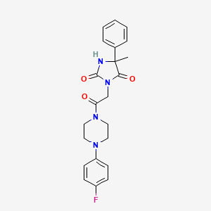 molecular formula C22H23FN4O3 B2629997 3-{2-[4-(4-fluorophenyl)piperazino]-2-oxoethyl}-5-methyl-5-phenyl-1H-imidazole-2,4(3H,5H)-dione CAS No. 956263-04-0