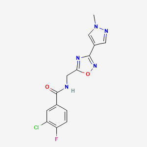molecular formula C14H11ClFN5O2 B2630171 3-氯-4-氟-N-((3-(1-甲基-1H-吡唑-4-基)-1,2,4-恶二唑-5-基)甲基)苯甲酰胺 CAS No. 2034514-84-4