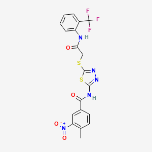 molecular formula C19H14F3N5O4S2 B2630191 4-甲基-3-硝基-N-(5-((2-氧代-2-((2-(三氟甲基)苯基)氨基)乙基)硫代)-1,3,4-噻二唑-2-基)苯甲酰胺 CAS No. 391869-70-8