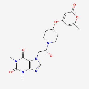 molecular formula C20H23N5O6 B2630198 1,3-dimethyl-7-(2-(4-((6-methyl-2-oxo-2H-pyran-4-yl)oxy)piperidin-1-yl)-2-oxoethyl)-1H-purine-2,6(3H,7H)-dione CAS No. 1705203-31-1