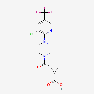 molecular formula C15H15ClF3N3O3 B2630210 2-((4-(3-Chloro-5-(trifluoromethyl)-2-pyridyl)piperazinyl)carbonyl)cyclopropanecarboxylic acid CAS No. 1023559-02-5