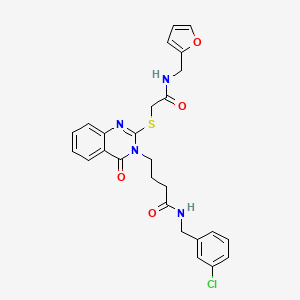 molecular formula C26H25ClN4O4S B2630212 N-[(3-chlorophenyl)methyl]-4-[2-[2-(furan-2-ylmethylamino)-2-oxoethyl]sulfanyl-4-oxoquinazolin-3-yl]butanamide CAS No. 422282-32-4