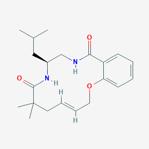 molecular formula C21H30N2O3 B2630237 (4E,10S)-7,7-Dimethyl-10-(2-methylpropyl)-2-oxa-9,12-diazabicyclo[12.4.0]octadeca-1(18),4,14,16-tetraene-8,13-dione CAS No. 2253619-61-1
