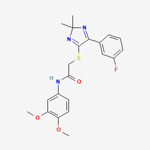 molecular formula C21H22FN3O3S B2630298 N-(3,4-二甲氧基苯基)-2-((5-(3-氟苯基)-2,2-二甲基-2H-咪唑-4-基)硫代)乙酰胺 CAS No. 899905-25-0