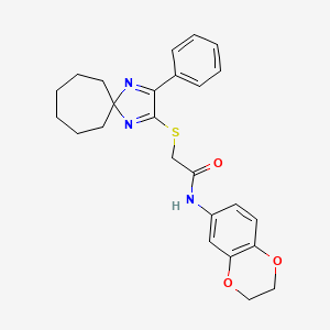 molecular formula C25H27N3O3S B2630530 N-2,3-二氢-1,4-苯并二氧杂环-6-基-2-[(3-苯基-1,4-二氮杂螺[4.6]十一-1,3-二烯-2-基)硫代]乙酰胺 CAS No. 899911-56-9