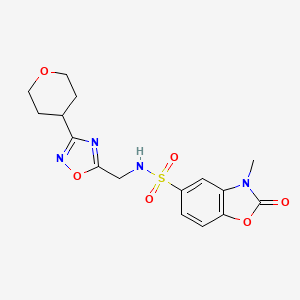 molecular formula C16H18N4O6S B2630537 3-methyl-2-oxo-N-((3-(tetrahydro-2H-pyran-4-yl)-1,2,4-oxadiazol-5-yl)methyl)-2,3-dihydrobenzo[d]oxazole-5-sulfonamide CAS No. 2034379-18-3