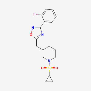molecular formula C17H20FN3O3S B2630602 5-((1-(Cyclopropylsulfonyl)piperidin-3-yl)methyl)-3-(2-fluorophenyl)-1,2,4-oxadiazole CAS No. 1705879-37-3
