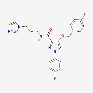 molecular formula C23H21F2N5O2 B2630606 N-(3-(1H-imidazol-1-yl)propyl)-4-((4-fluorobenzyl)oxy)-1-(4-fluorophenyl)-1H-pyrazole-3-carboxamide CAS No. 1172884-21-7