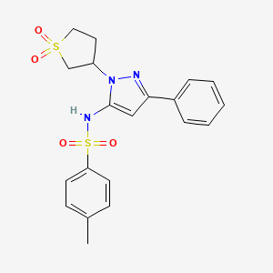 molecular formula C20H21N3O4S2 B2630623 N-(1-(1,1-dioxidotetrahydrothiophen-3-yl)-3-phenyl-1H-pyrazol-5-yl)-4-methylbenzenesulfonamide CAS No. 1172935-72-6