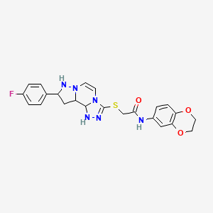 molecular formula C23H17FN6O3S B2630966 N-(2,3-dihydro-1,4-benzodioxin-6-yl)-2-{[11-(4-fluorophenyl)-3,4,6,9,10-pentaazatricyclo[7.3.0.0^{2,6}]dodeca-1(12),2,4,7,10-pentaen-5-yl]sulfanyl}acetamide CAS No. 1207032-31-2