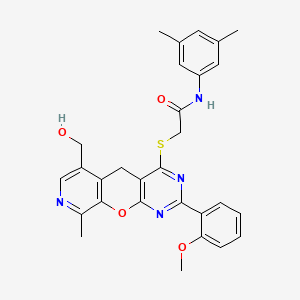 molecular formula C29H28N4O4S B2630985 N-(3,5-dimethylphenyl)-2-((6-(hydroxymethyl)-2-(2-methoxyphenyl)-9-methyl-5H-pyrido[4',3':5,6]pyrano[2,3-d]pyrimidin-4-yl)thio)acetamide CAS No. 892380-04-0