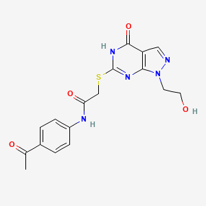molecular formula C17H17N5O4S B2631002 N-(4-acetylphenyl)-2-((1-(2-hydroxyethyl)-4-oxo-4,5-dihydro-1H-pyrazolo[3,4-d]pyrimidin-6-yl)thio)acetamide CAS No. 946229-79-4