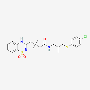 molecular formula C23H28ClN3O3S2 B2631017 N-(3-((4-chlorophenyl)thio)-2-methylpropyl)-4-(1,1-dioxido-2H-benzo[e][1,2,4]thiadiazin-3-yl)-3,3-dimethylbutanamide CAS No. 1021209-10-8