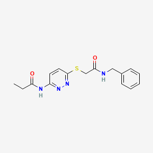 molecular formula C16H18N4O2S B2631032 N-(6-((2-(苯甲氨基)-2-氧代乙基)硫代)吡啶嗪-3-基)丙酰胺 CAS No. 1021135-67-0